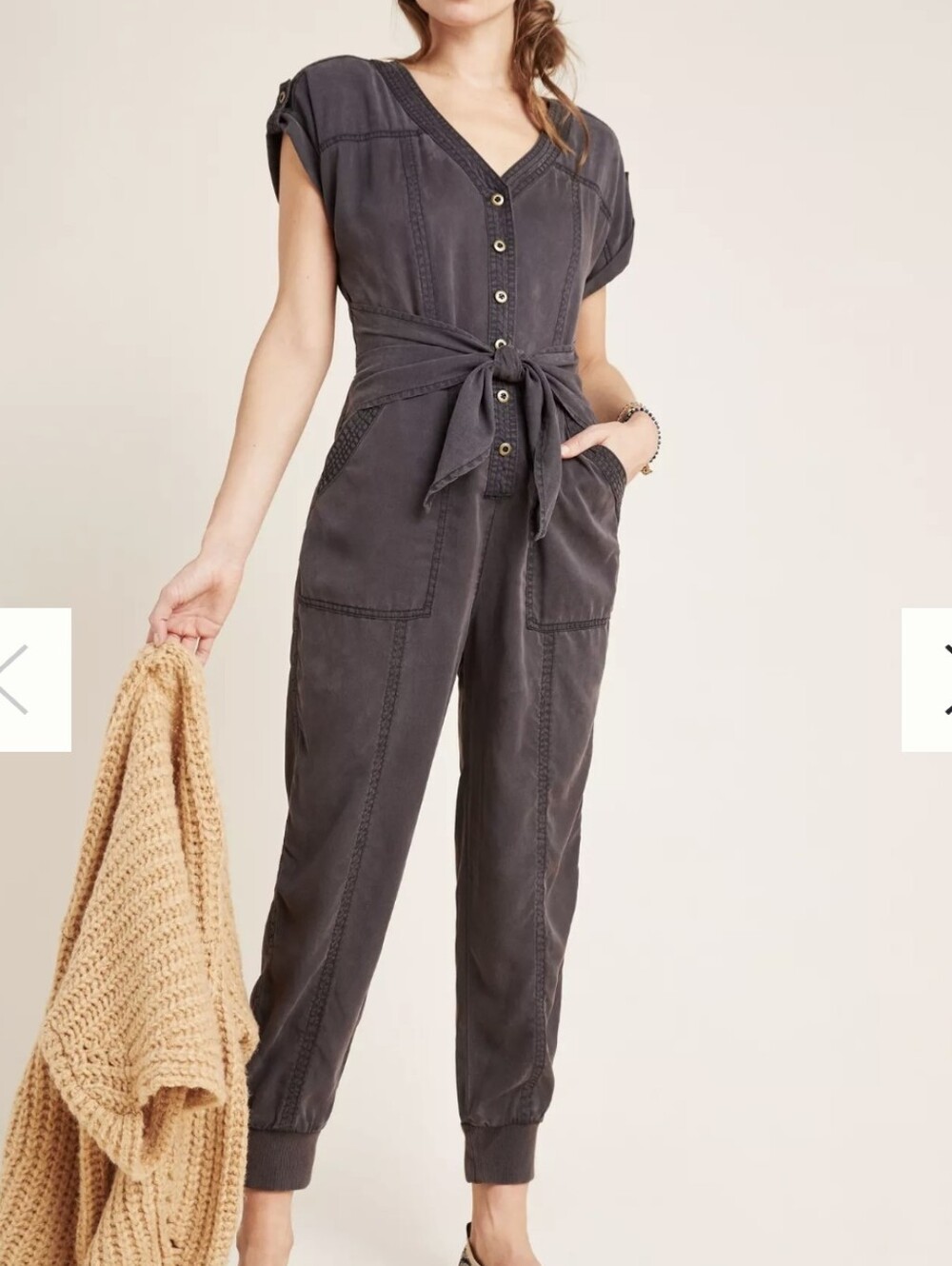 Anthropologie Charcoal Washed Utility Jumpsuit Button Front Gray SZ 6
